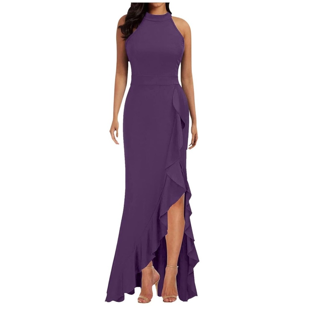 Allandwell Womens Purple High Neck Split Bodycon Mermaid Evening Wedding Dress S